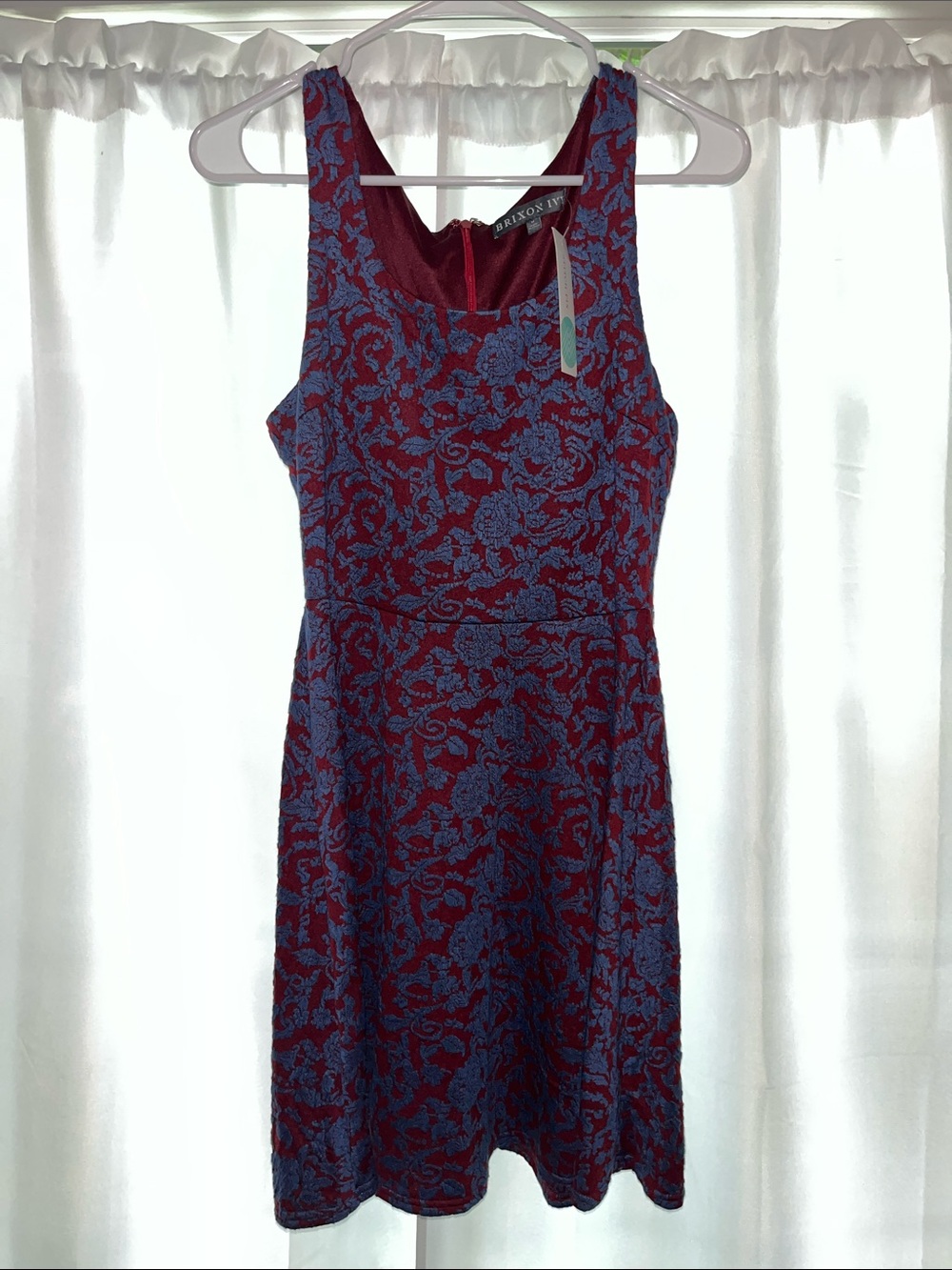 Brixon Ivy Burgundy and Blue Floral Jacquard Mini Dress